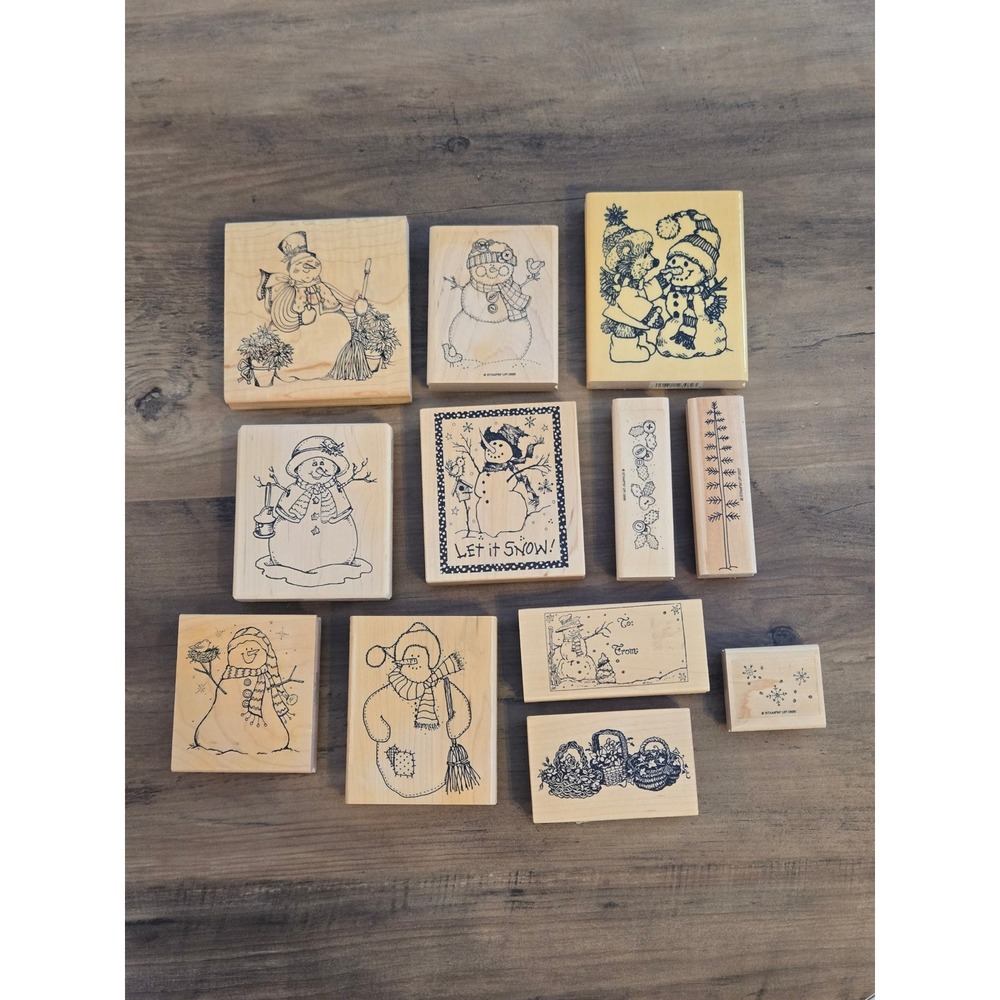 Vintage Wood Rubber Stamp Lot Snowman Holiday Stampin Up PSX 12pc Mixed Set